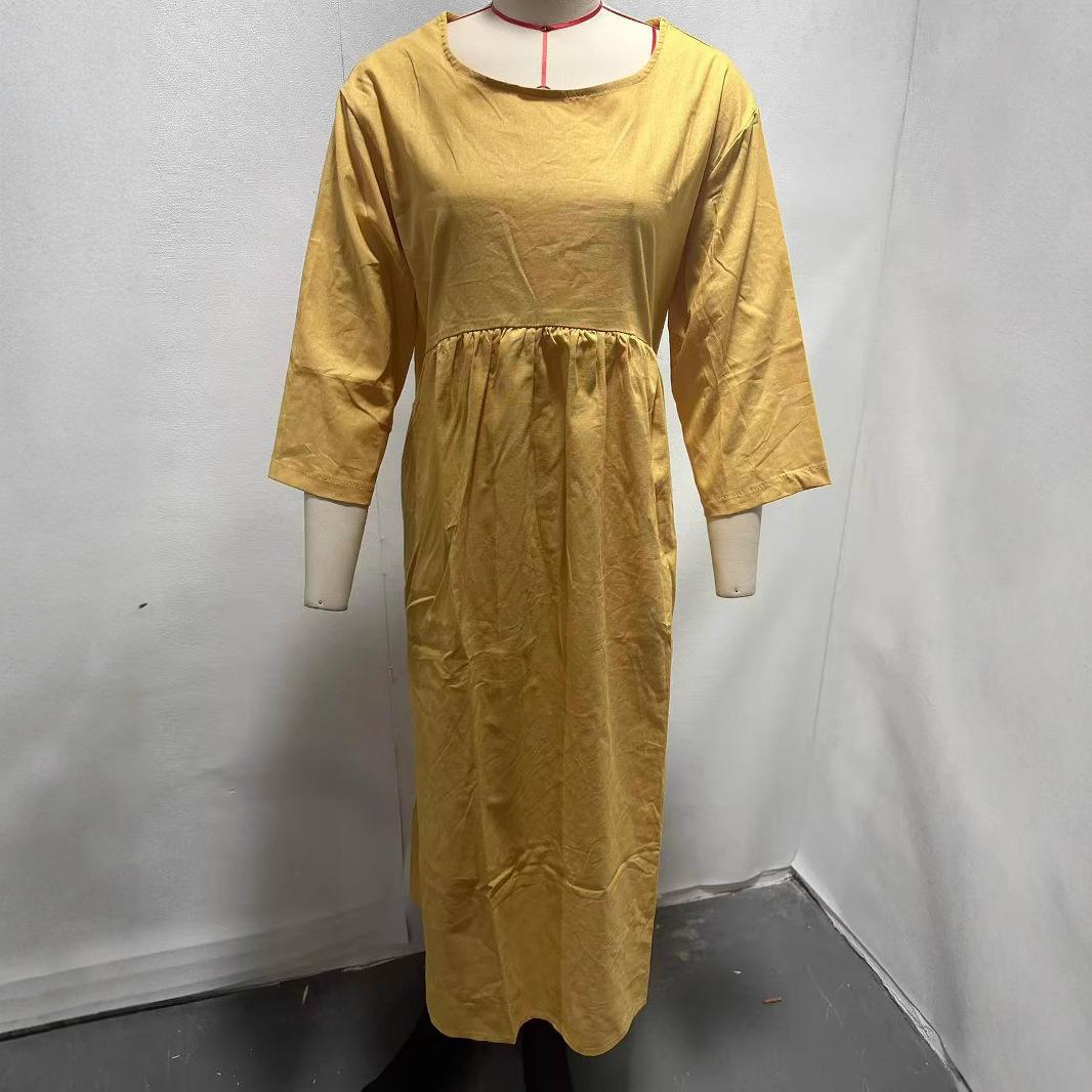 

Olive Green Loose Fit Midi Dress with Natural Wrinkles, Round Beaded Necklace 5XL оливковий