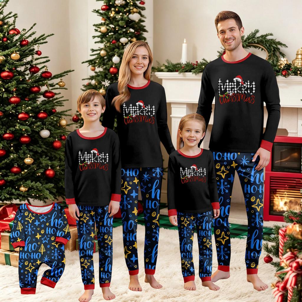 Christmas Print Crewneck Top and Plaid Pants Set for Festive Holiday and Casual Wear