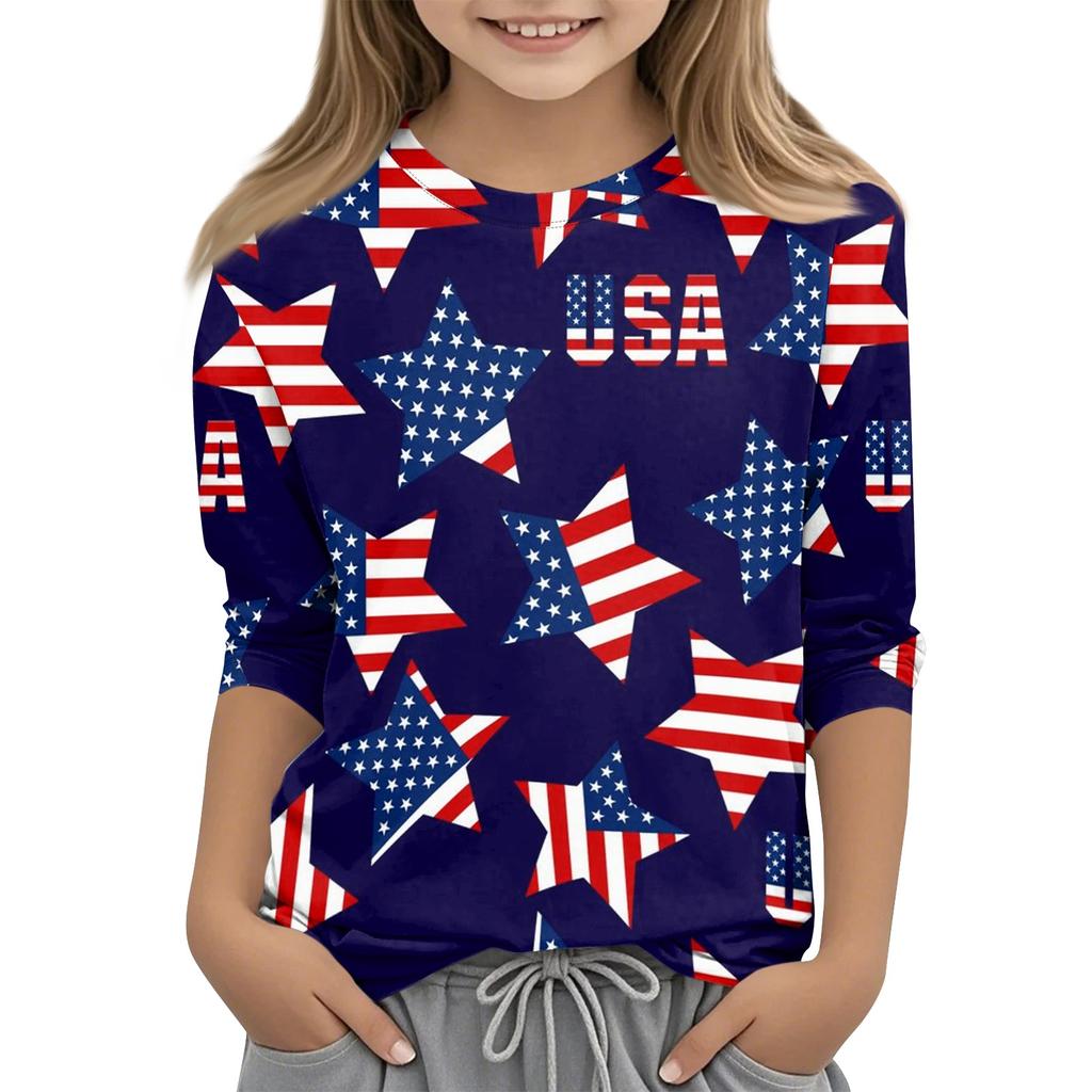T-shirt décontracté pour enfant avec imprimé Jour de l'Indépendance, col rond, manches trois quarts