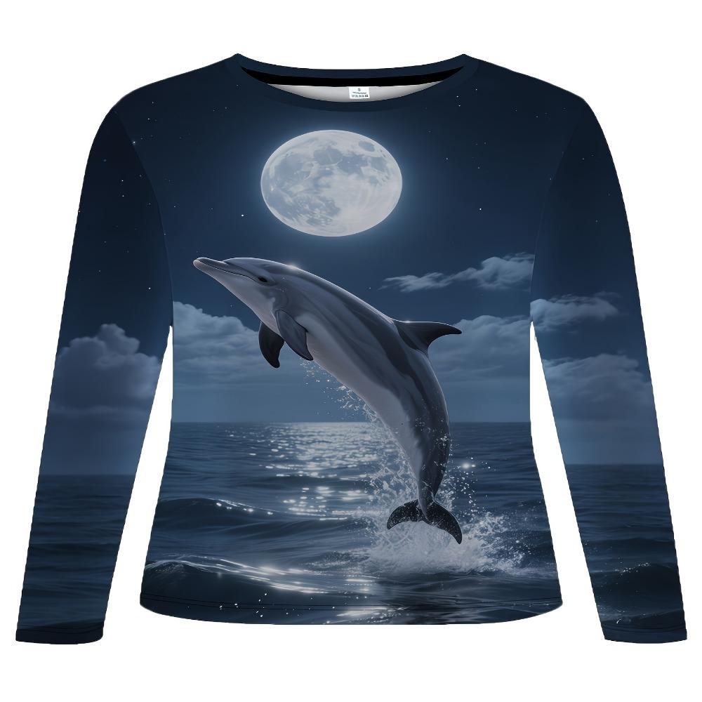 Women's Dolphin Leaping Print Long-sleeved T-shirt Can Be Worn In All Seasons, Shopping, and Casual