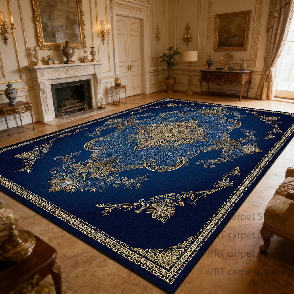 Luxury Retro Blue Golden Carpet Living Room Short Velvet European Style Washable Soft Large Area Rugs Dining Room Bedroom Mats
