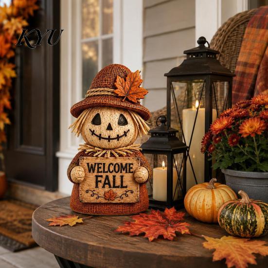Distressed Wood Harvest Figurines 3 Pcs Fall Wooden Scarecrow Figurines, Farmhouse Rustic Statue with Maple Seasonal Holiday Party Supplies