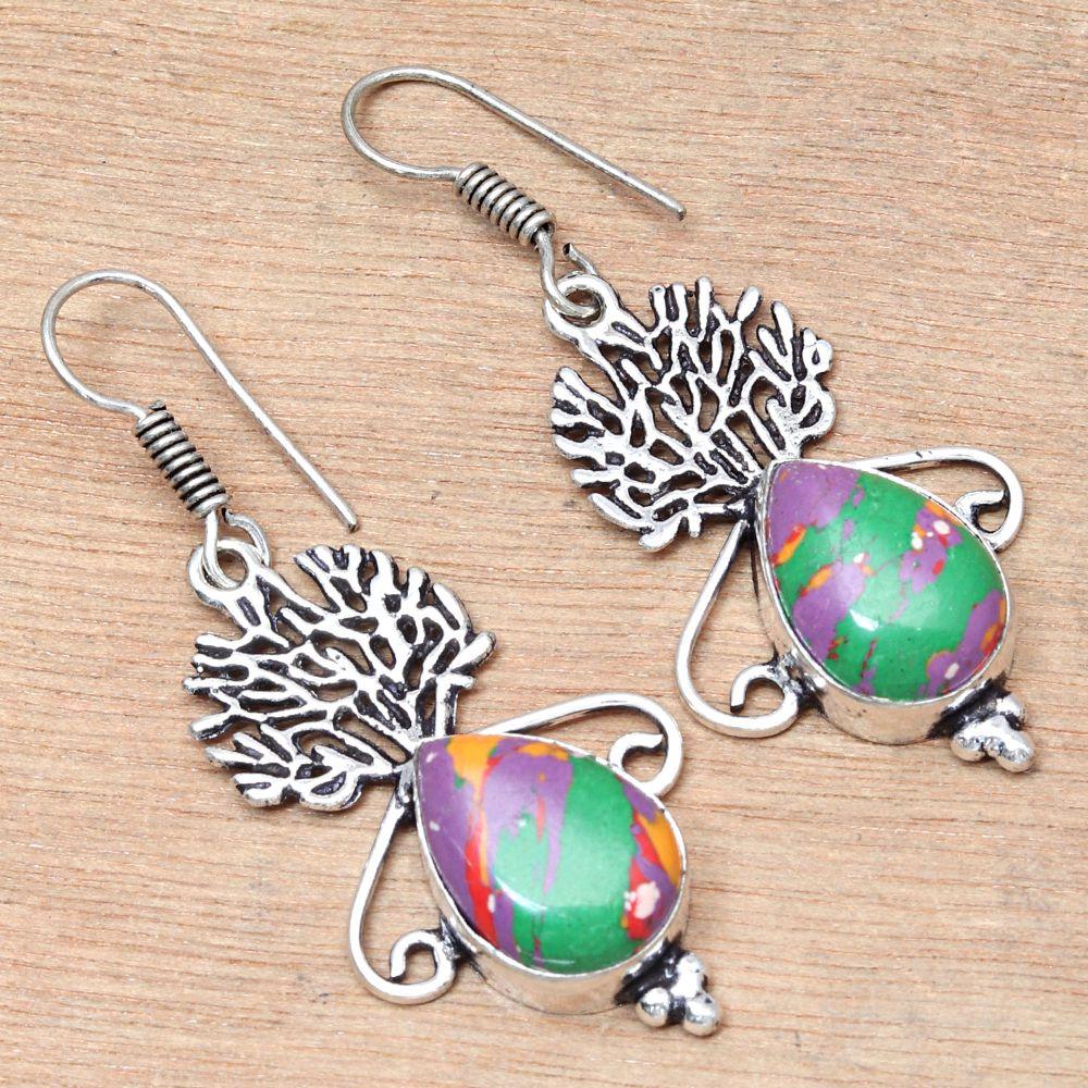 Rainbow Calsilica Gemstone Gift For Her Silver Jewelry Earrings 1.5''