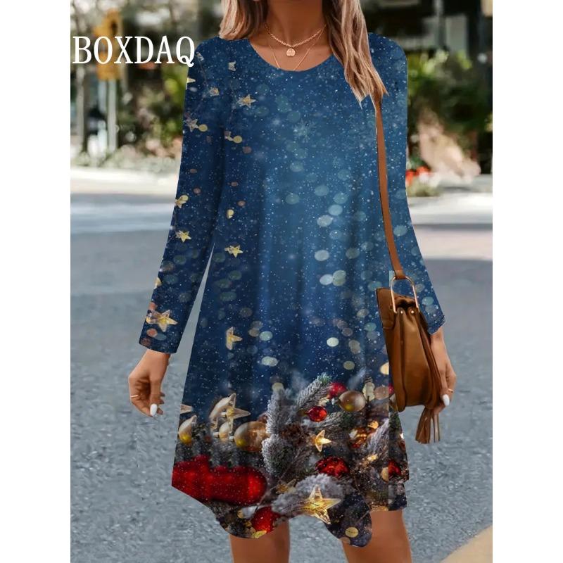 Winter Women's Christmas Party Dress Fashion 3D Trend Funny Santa Claus Printed Dress Long Sleeve O-Neck