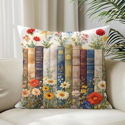 1Pc Cottagecore Book & Wildflower Decorative Cushion Cover, 2D Print Polyester Pillow Case For Sofa Bed Car Office Home Decorati