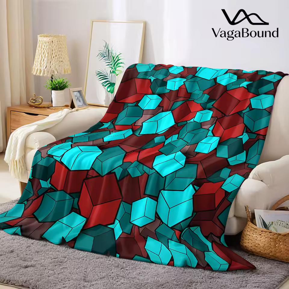 Red Cyan Cube 3D Print Flannel Blanket Warm Soft Halloween Christmas Decorative Couch Warm Cozy All-Season Gift