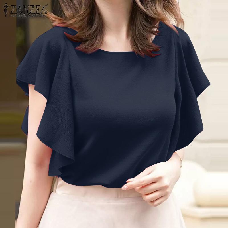 ZANZEA Blouse Décontractée à Col Rond et Manches à Volants Ample pour Femmes