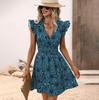 Spring Summer Women Sleeveless  Floral Pleated High Waist A Line Knee-Length Dress