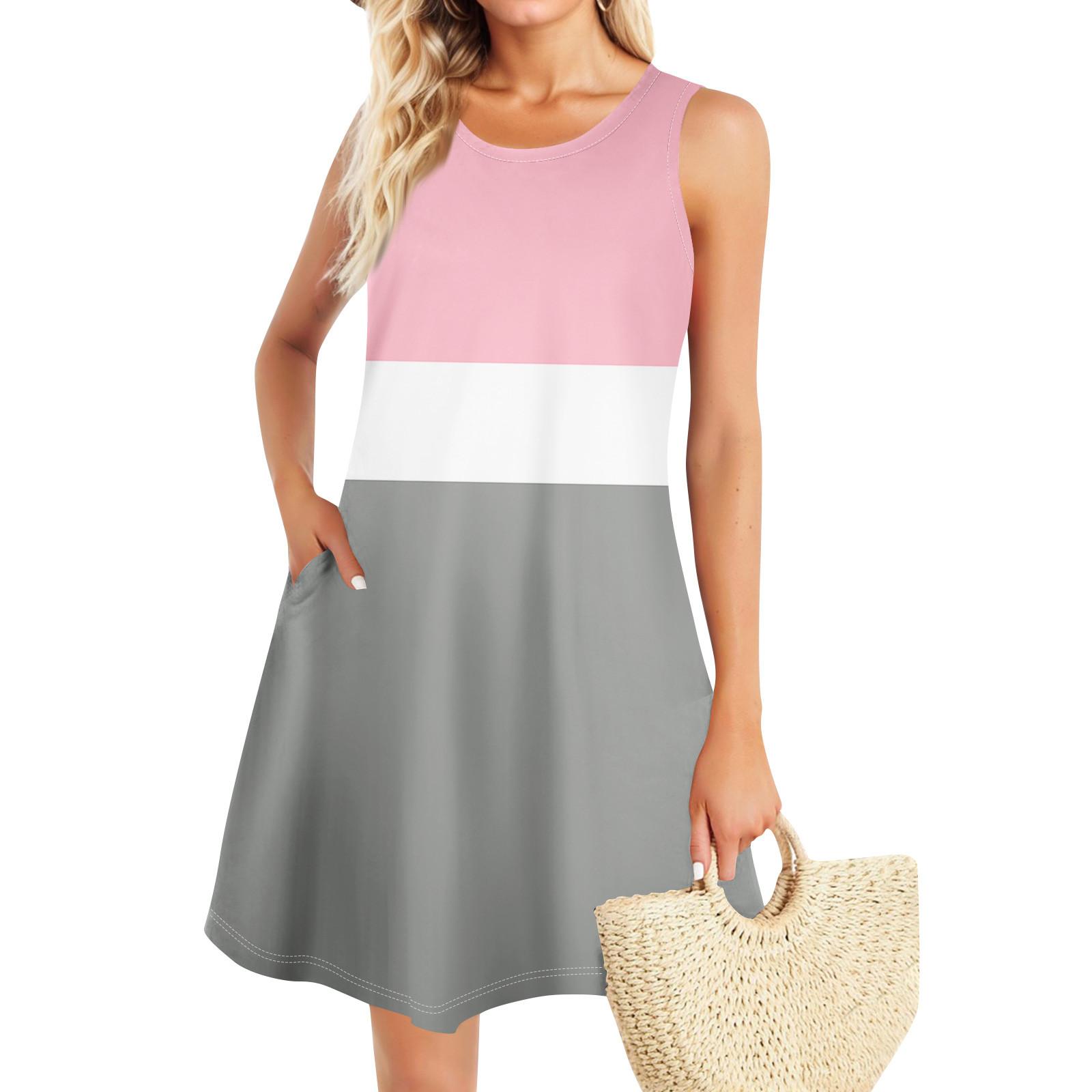 

Летние платья для женщин Пляжный Бохо без рукавов Винтажный принт Футболка с карманами Сарафаны-майки XL розовый