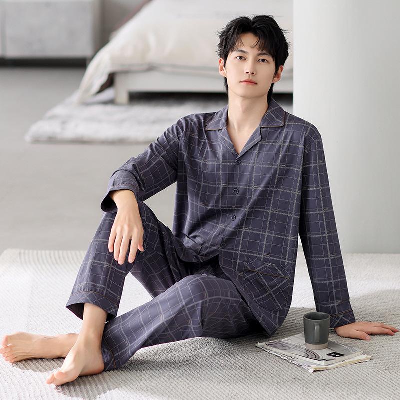 Men'S Pajamas Spring And Autumn Cotton Long-Sleeved Cardigan Set Large Size Casual Loose Men'S Plaid Loungewear Set