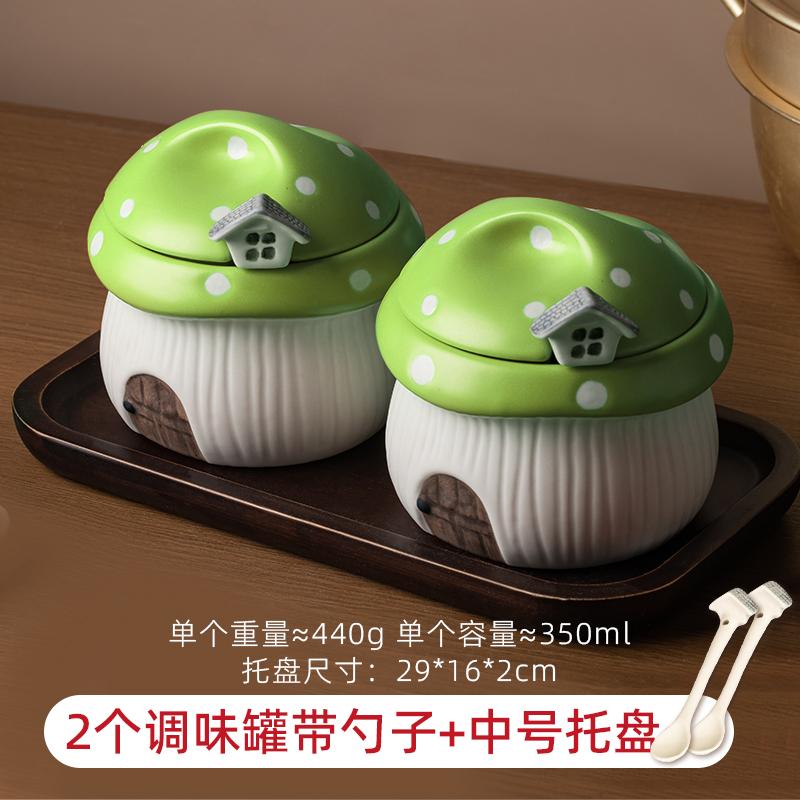 Ceramic Red Mushroom Seasoning Jar Set Kitchen Ceramic Salt Sugar Jar Soy Sauce Vinegar Bottle Home Ceramic Spice Box with Spoon