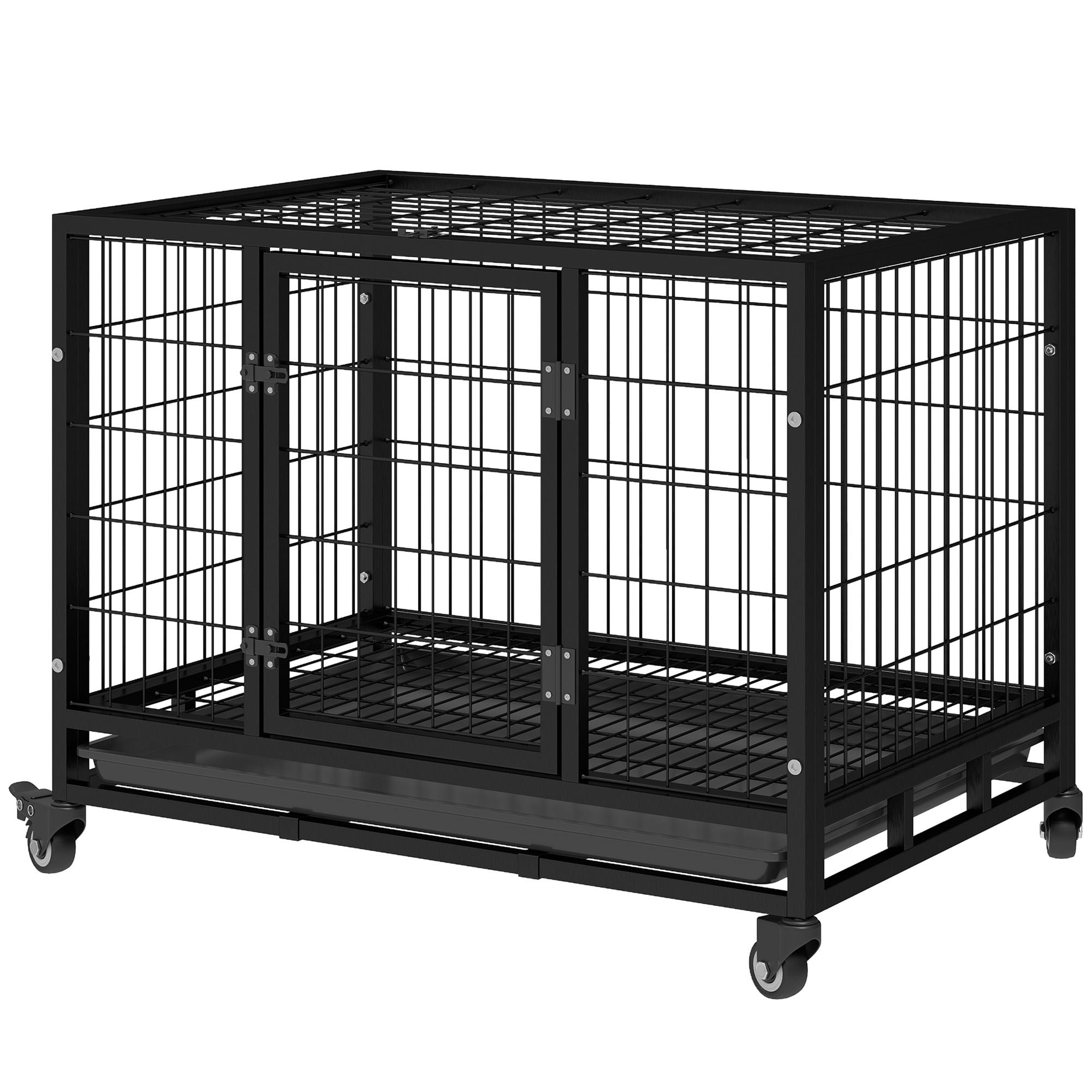 36 Caisse Métallique Robuste pour Chien Cage pour Animal de Compagnie Avec Bac Chenil pour Chien à Roulettes Noir (Moyen)