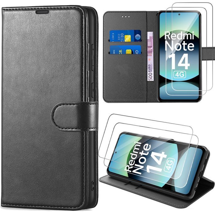 Coque + 2 Verres Trempés pour Xiaomi Redmi Note 14 4G (pas pour 5G) Protection Anti-Rayures Cuir Synthétique - Noir