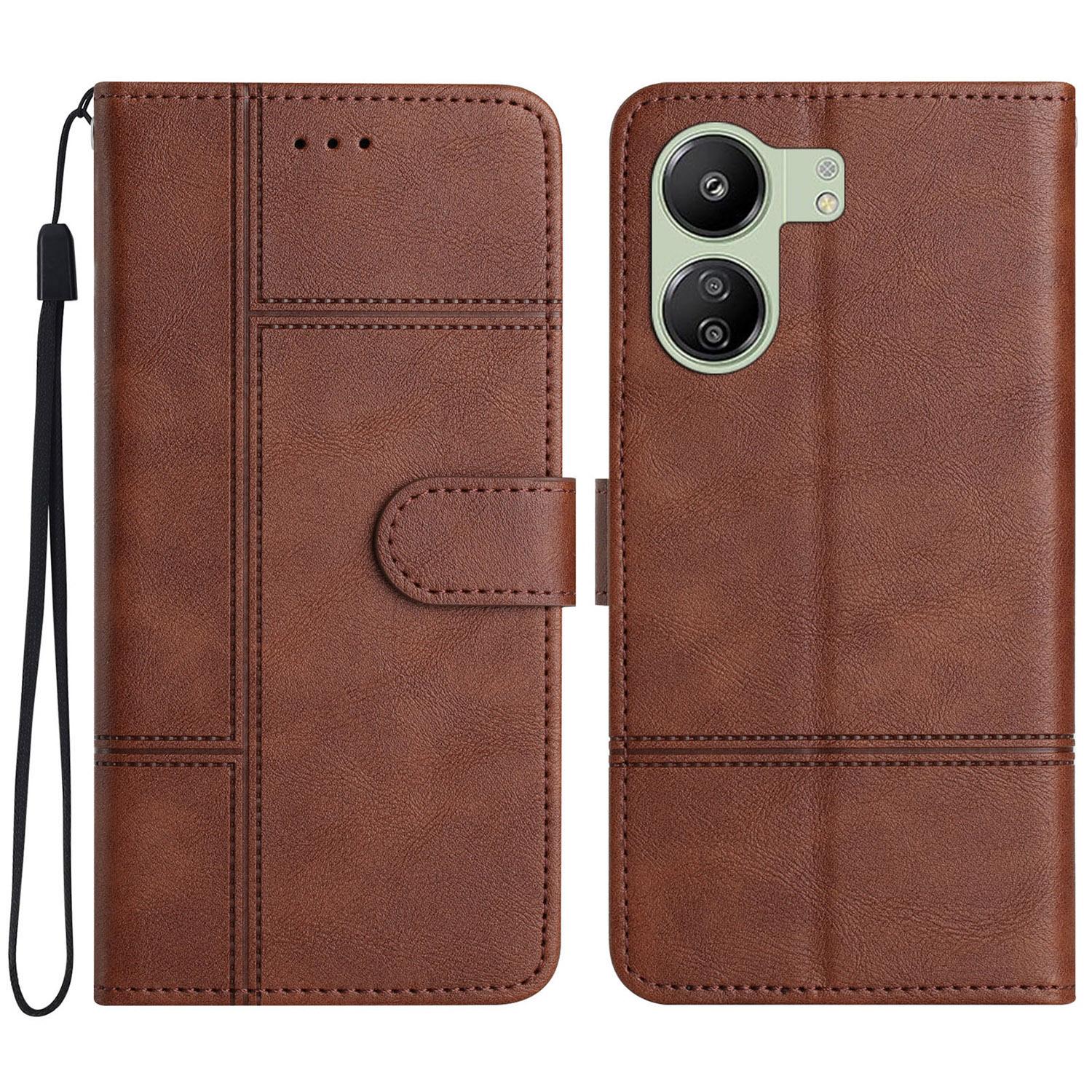 

For Xiaomi Redmi 13C 4G/13C 5G/13R 5G/Poco C65 4G/Poco M6 5G Case Line Imprinted Phone Wallet Cover Coffee
