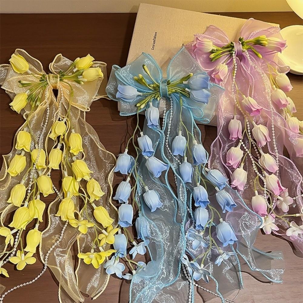 Long Ribbon Bow Hair Clip Bell Orchid Hair Barrettes New Sweet Headband  For Girls