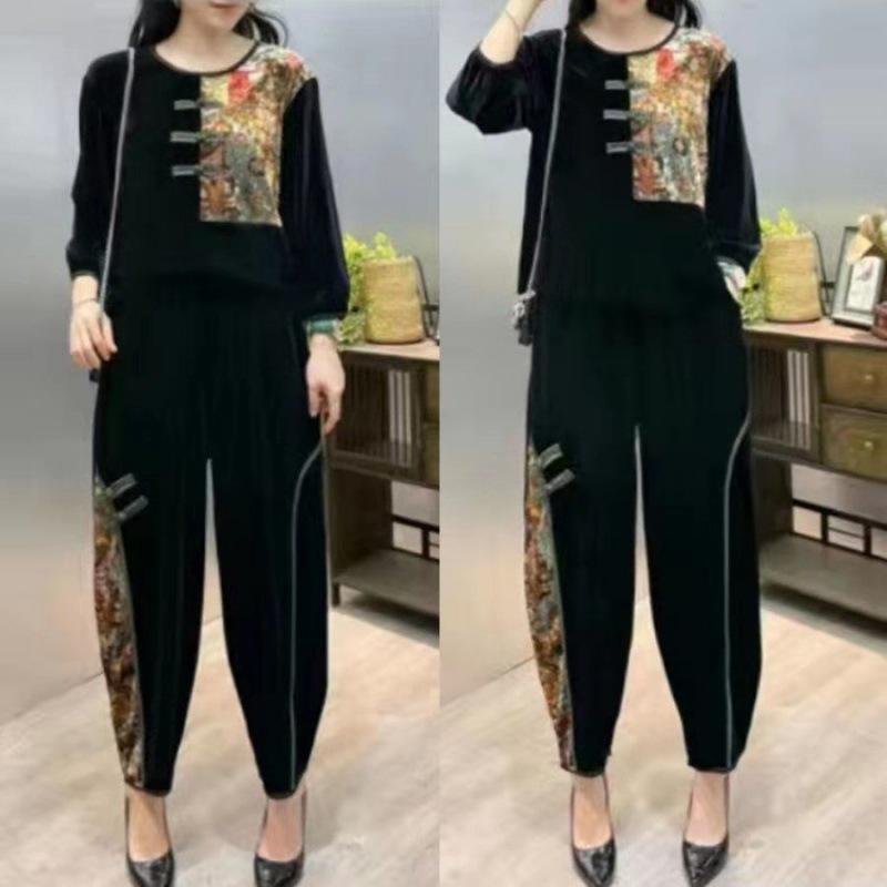 Gold Velvet Fashion Loose Mom Suit Elegant Lady Chinese Style Plaque Embroidery Print Patchwork Two-Piece Set