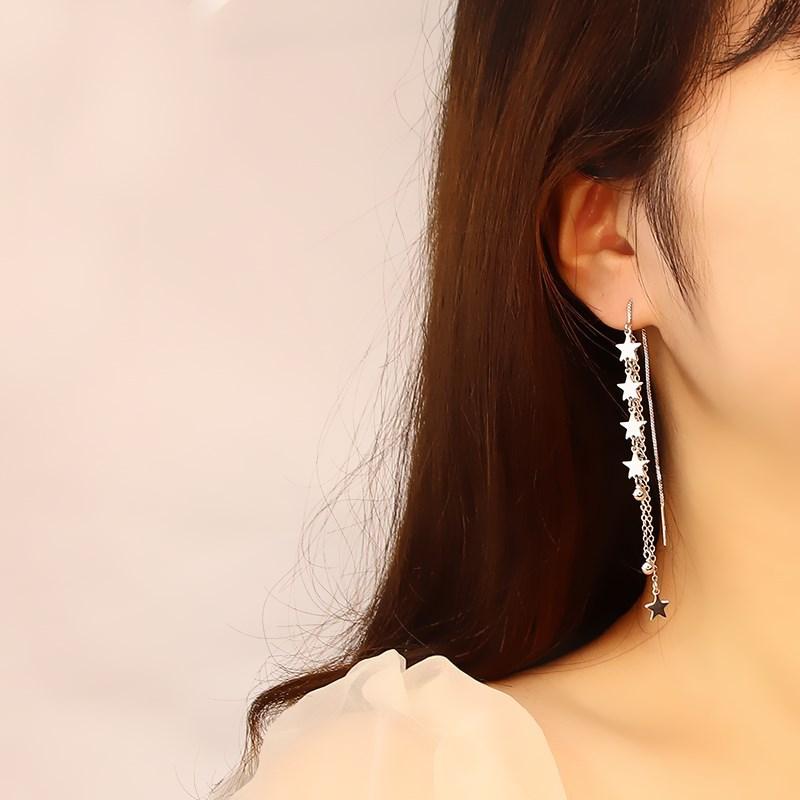 Cercei lungi cu meteoriți pentru femei, cercei simpli cu temperament, cercei pentru studente, mărgele rotunde mici și proaspete, cercei cu stea și franjuri.