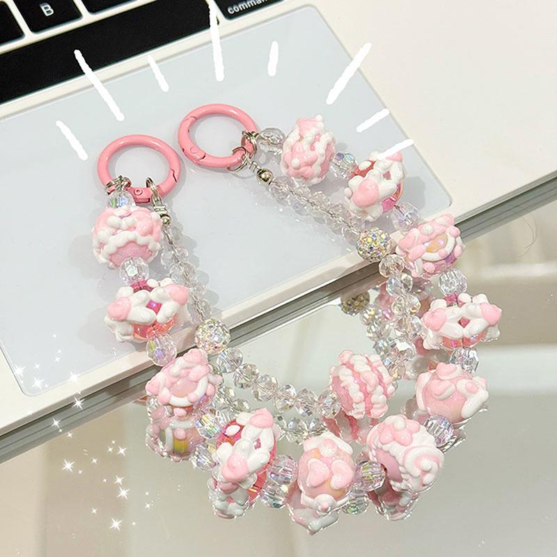 Roztomilý ručně kreslený korálkový řetízek na telefon, sladký přívěsek na klíče, kreativní řemínek na zápěstí proti ztracenému telefonu, dekorace na tašku, dárky