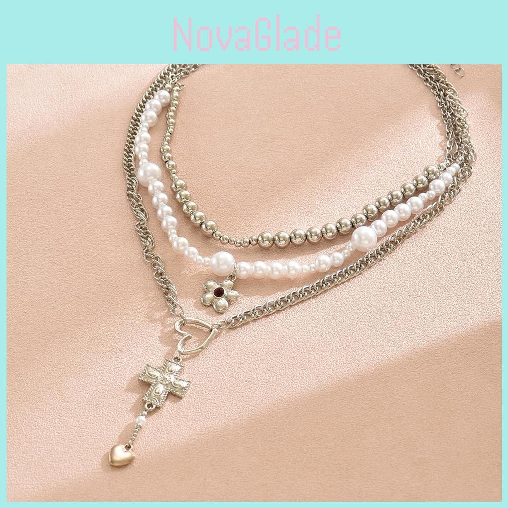 Gothic Cross Heart Pendant Necklace With Multilayer Pearl Design For Women And Men