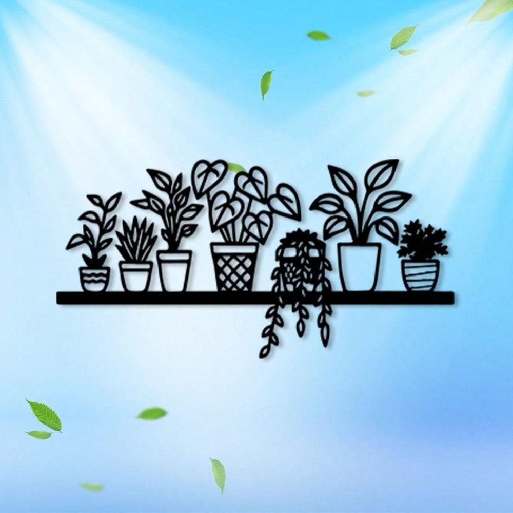 Bohemian Flower Metal Wall Art Vintage Plant Shelf with 7 Hanging Pots for Kitchen Living Room Rustic Holiday Gift