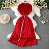 Celebrity Temperament Heavy Industry Pearl Fungus Edge Round Neck Dress Women's Summer New Waist Thin Pleated Long Dress