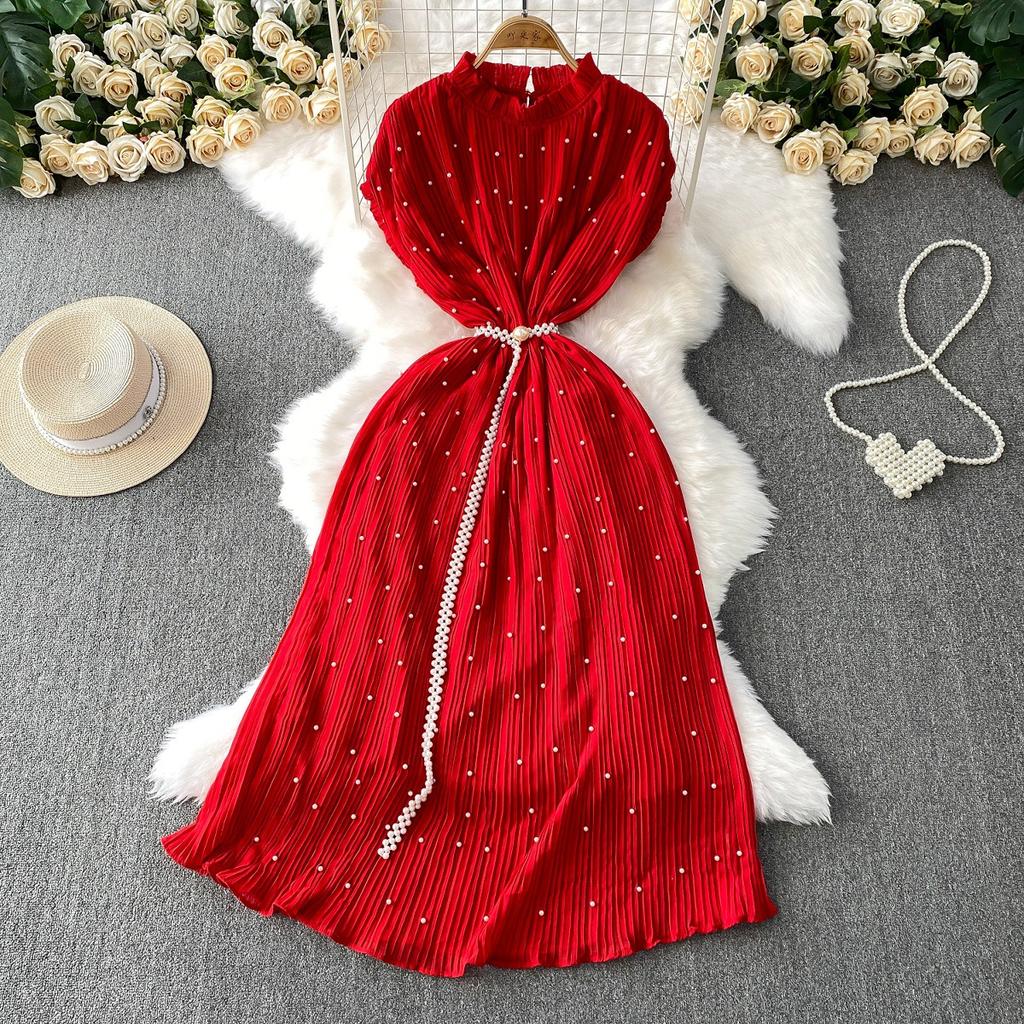 Celebrity Temperament Heavy Industry Pearl Fungus Edge Round Neck Dress Women's Summer New Waist Thin Pleated Long Dress