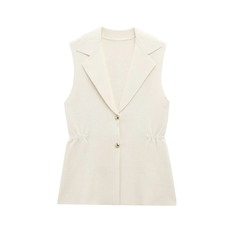 Spring New Women's Clothing British Style Decorated Row Button Ruched Lapel Sleeveless Knitting Vest Jacket 4192023