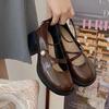 Retro Brown Mary Jane Shoes Women Thick Heels Ankle Buckle Lolita Shoes Woman Uniform Pu Leather Student Shoes Female