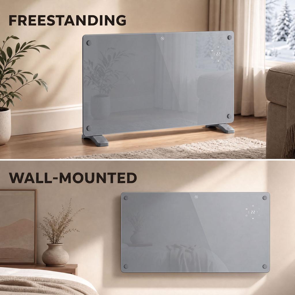 1500W Smart Panel Heater Wall Mounted & Freestanding, Electric Heater with Weekly Timer, Open Window & Anti-Frost, Grey