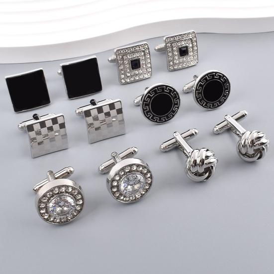 1 Pair Men Cufflinks Polished Smooth Surface Rhinestones Inlaid Rectangle Round Twist Shape Suit Shirt Cufflinks Button Replacement Accessories