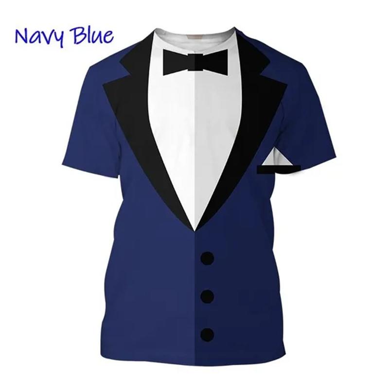 Summer Round Neck 3D Tuxedo Retro Tie Printed Top Fake Suit Tops Fashionable Casual Short Sleeved Men's T-shirts