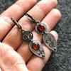 Vintage Silver Color Round Waterdrop Carving Flower Red Stone Dangle Earrings for Women