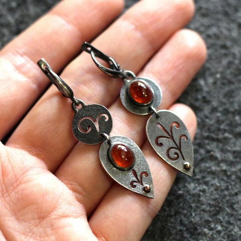 Vintage Silver Color Round Waterdrop Carving Flower Red Stone Dangle Earrings for Women