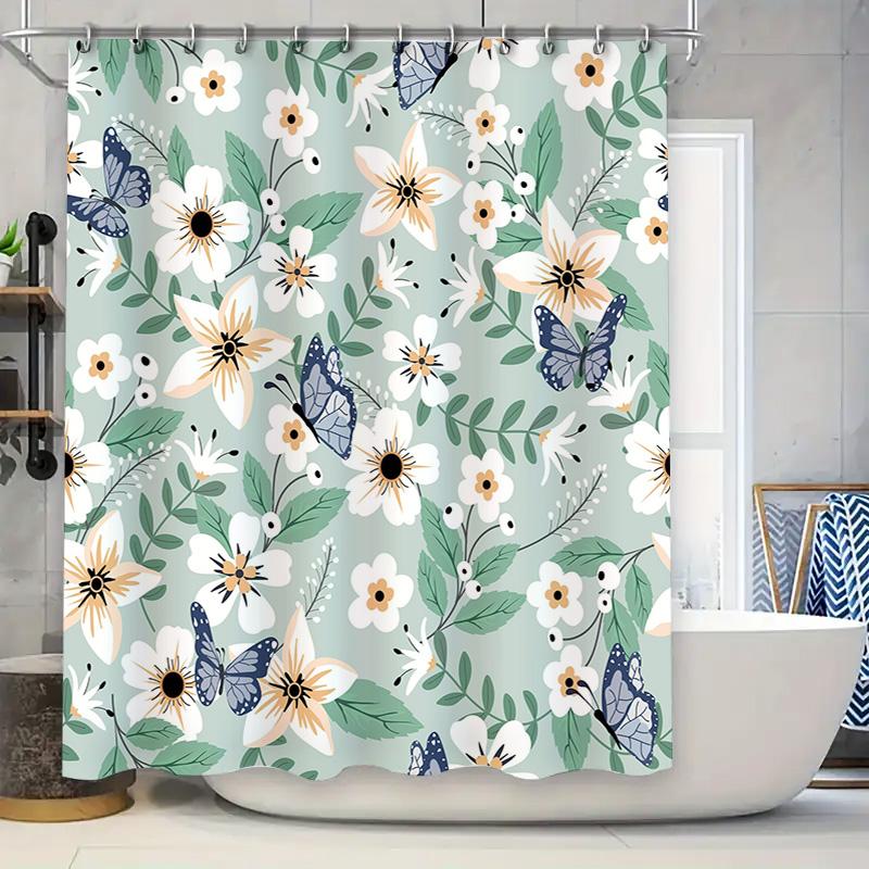 

Modern Bathroom Shower Curtain Set With Floral Butterfly Design Blue Green White Orange Decorative Shampoo Conditioner 72 X 84 I W60H190(CM)-1 Pcs
