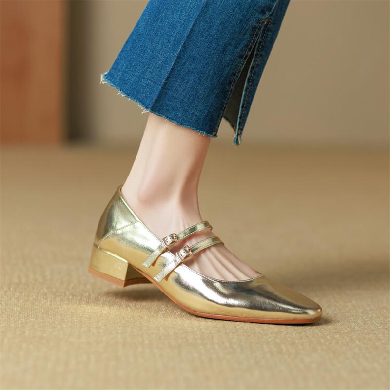 Fashion New Split Leather Mary Jane Shoes for Women LEISURE Buckle Shallow Pumps Square Toe Chunky Heel Shoes Woman Zapatos De Mujer