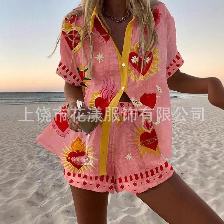 (Imitation Linen) Hot Sale Casual Holiday Shirt Set Beach 1D Printed Shirt Shorts Women's Set