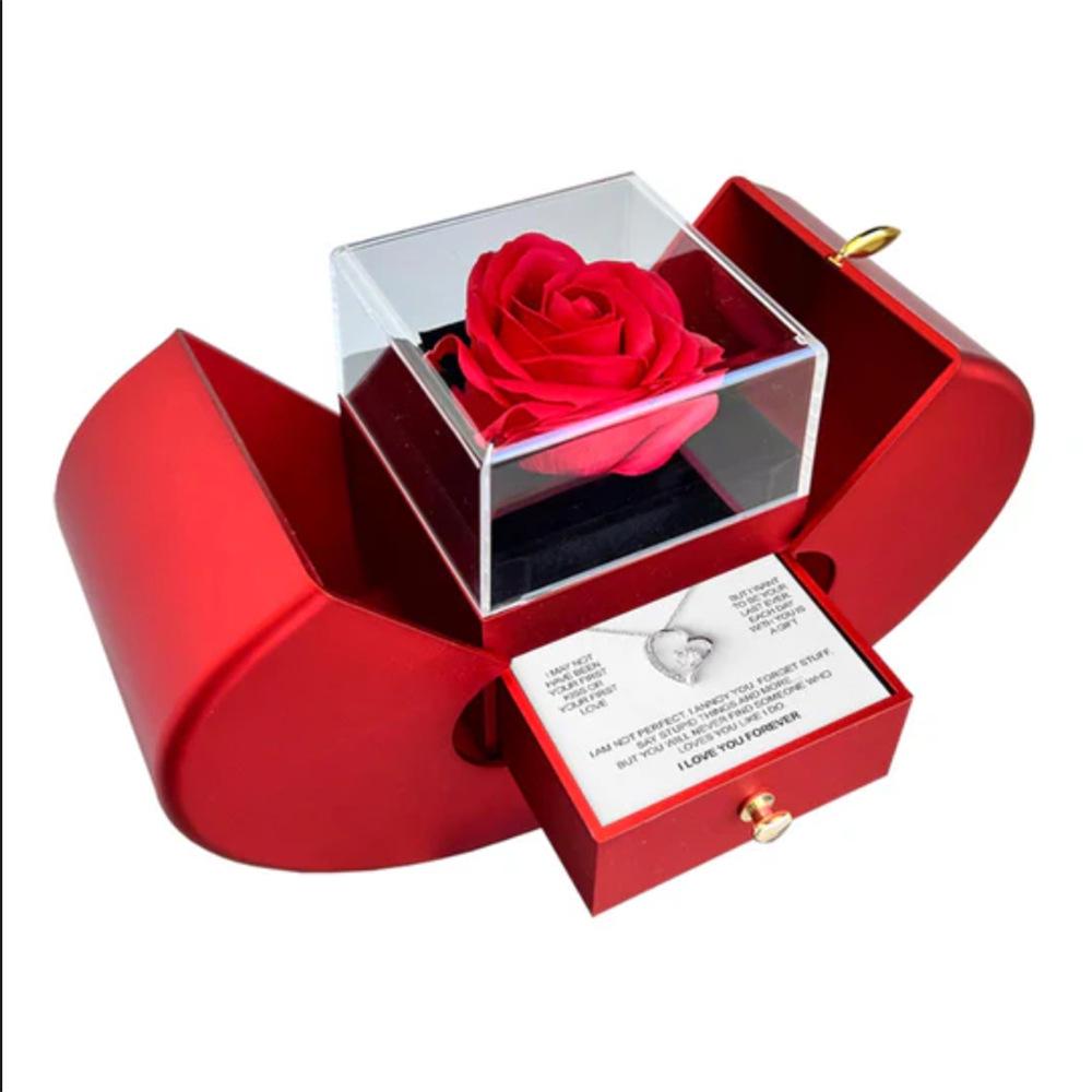 Heart Necklace & Rose Eternal Flower Gift Box Set for Valentine's, New Year, Christmas
