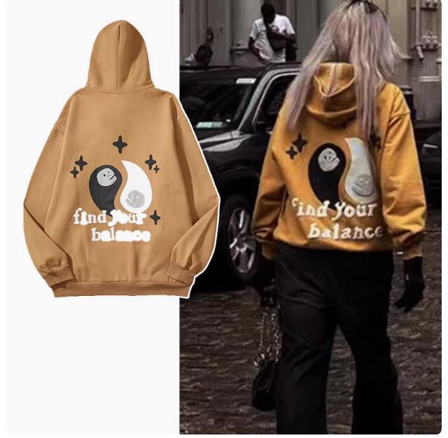 

Толстовка с капюшоном с английским принтом «Звездная триграмма» 2024 года - Повседневный свободный крой, Новое поступление XXXL света кофе