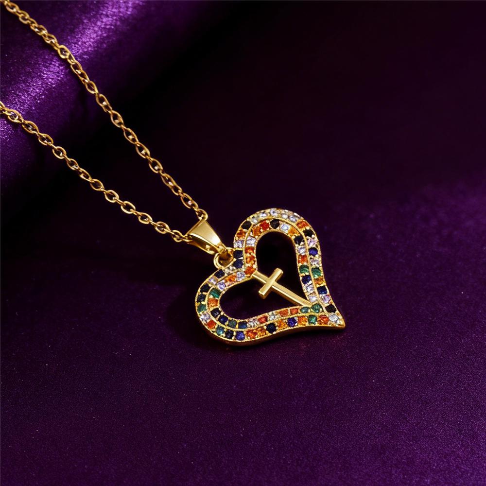Charm Female Cross Heart Rainbow Zircon Stone Pendant Necklace Vintage Silver Color Wedding For Women