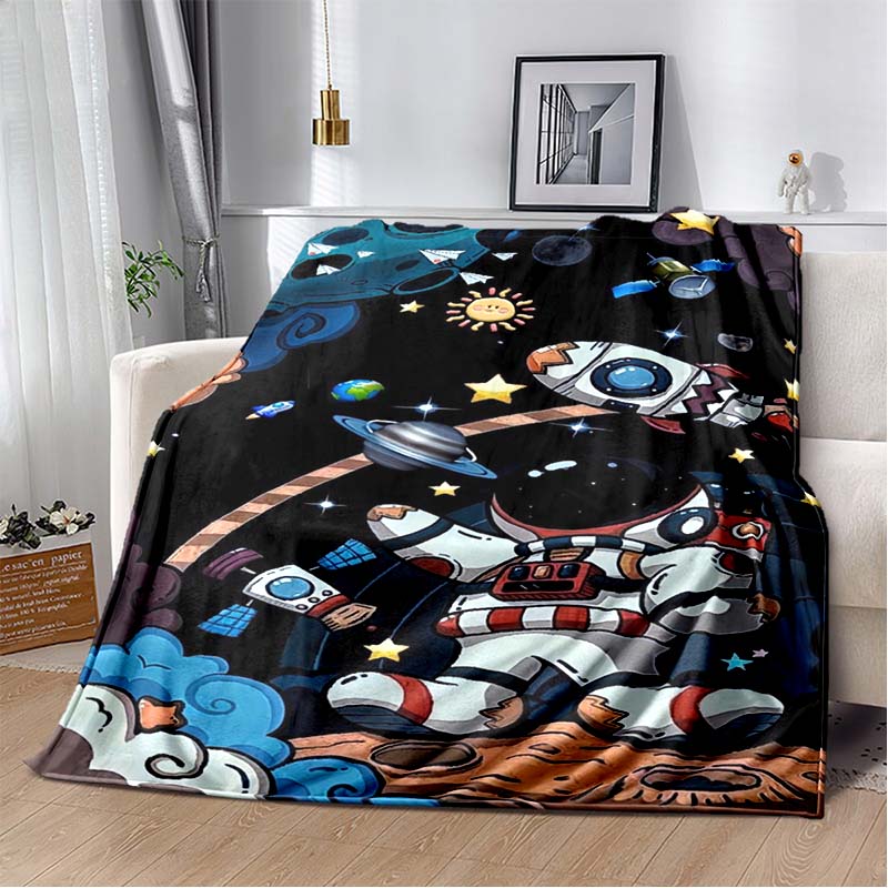 Space Astronaut Flannel Blanket, Soft Warm Throw with Cartoon Spaceman & Planet Print for Kids Bed Sofa, Cozy Bedding for Boys