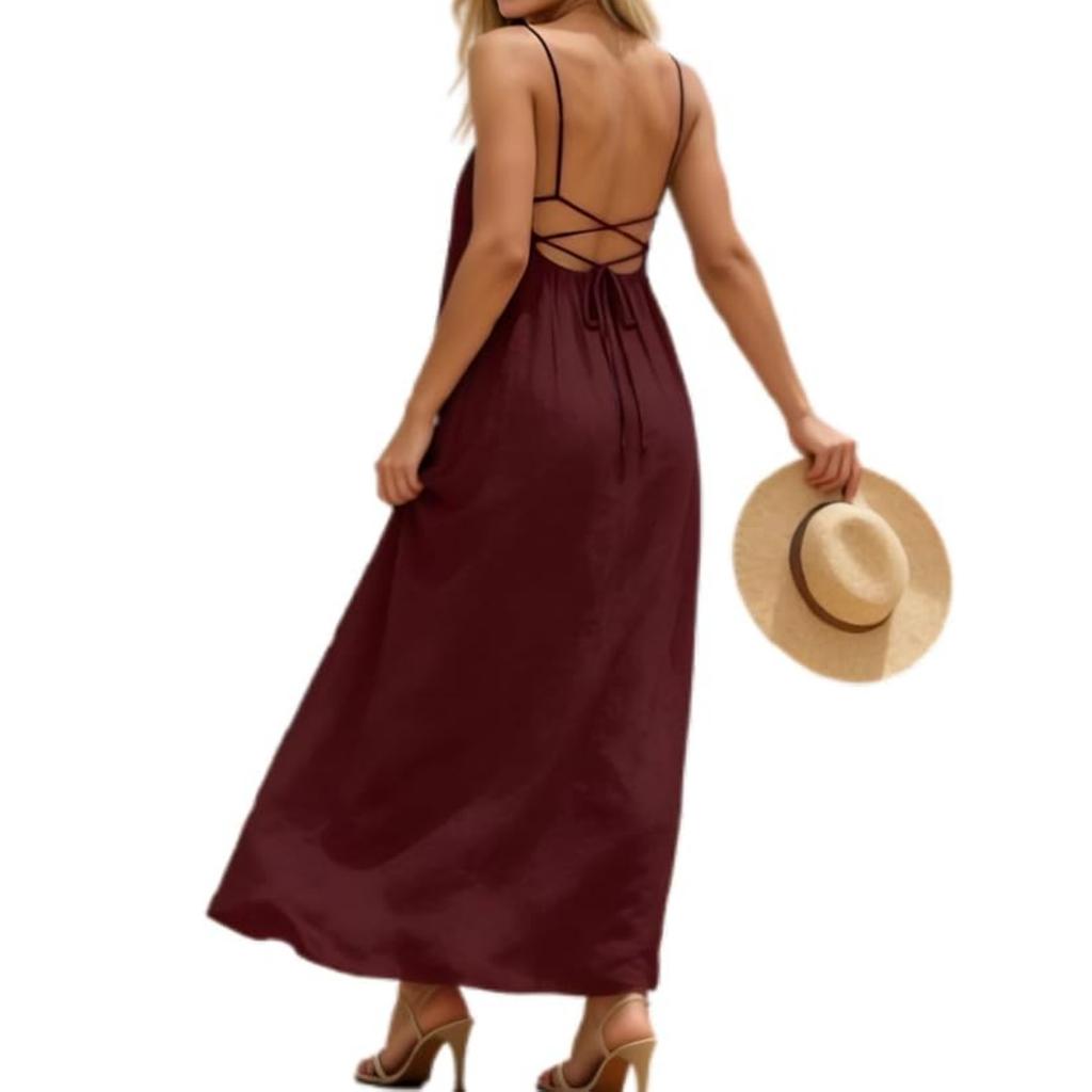 Women's Summer Dress Backless Spaghetti Strap Loose Flowy Long Cami Dresses Casual Loose Holiday Party Beach Maxi Sundress