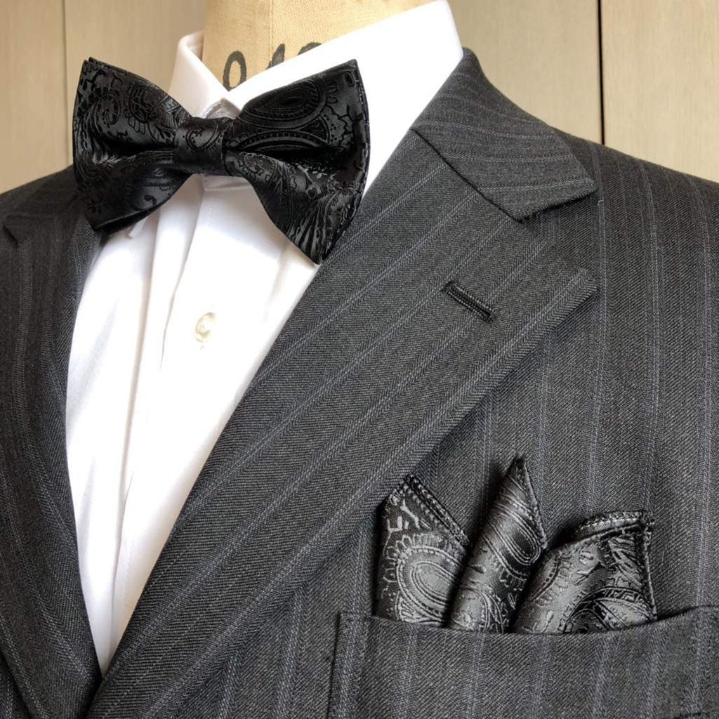 Black Paisley [Bow Tie & Pocket Square] 2-Piece Set for Men - One-Touch Closure - Casual & Formal - Black