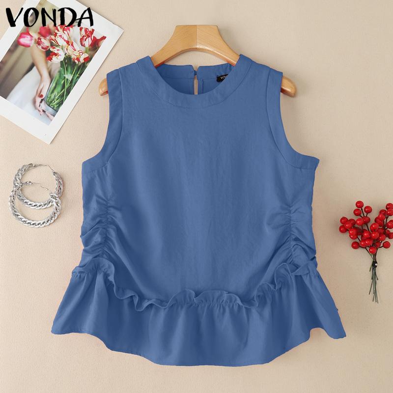 VONDA Women Round Neck Sleeveless Ruffled Twisted Hem Casual Tank Tops