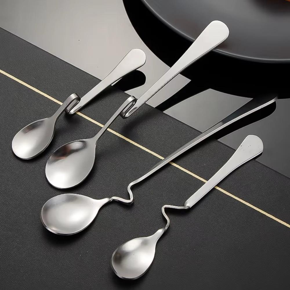 4pcs Stainless Steel Hanging Cup Spoon Twisting Teaspoons Polished Coffee Spoon Set  Cafe Supplies