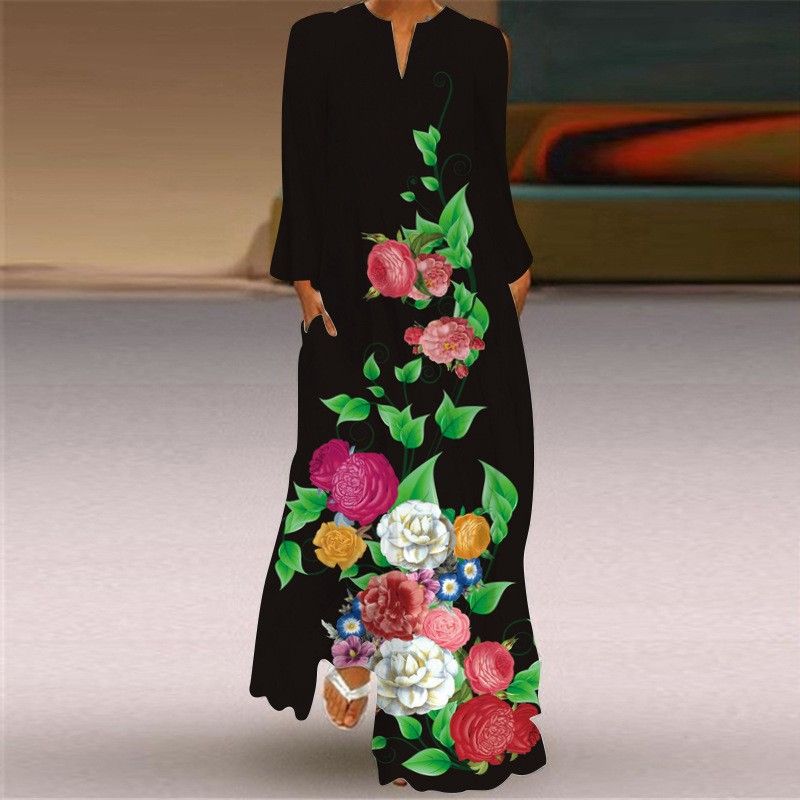 New Chinese Style Chinese Style Skirt Elegant Sexy Long Sleeves 3D Print Long Skirt Loose Plus Size Women's Clothing Long Dress
