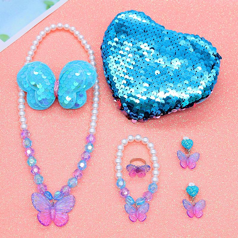 Prinzessinnen Schmuckset für Mädchen: Süßes Cartoon-Schmetterlings-Halskette, Choker, Ohrringe & Ring