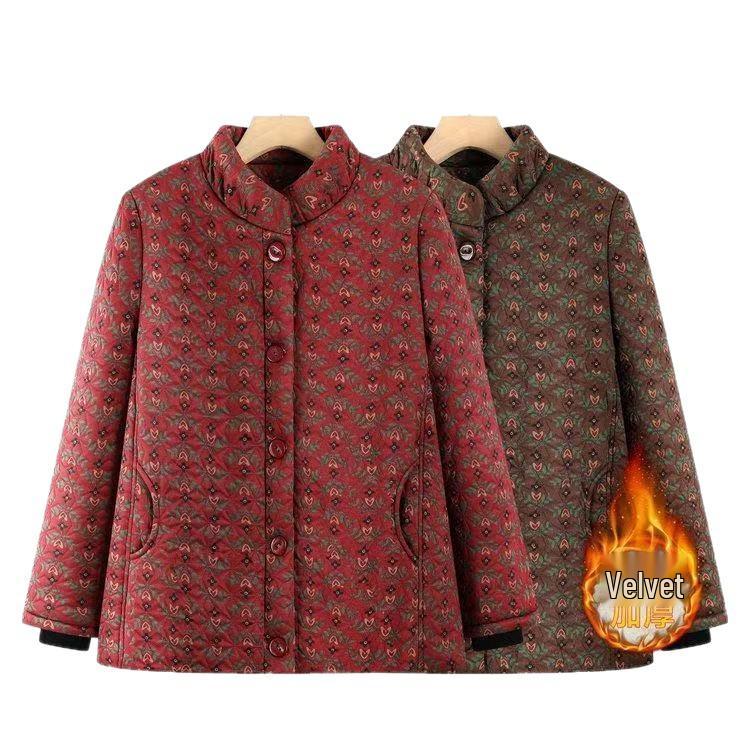 Floral Velvet-Lined Winter Coat for Elderly Women - Warm Cotton Jacket with Stand Collar