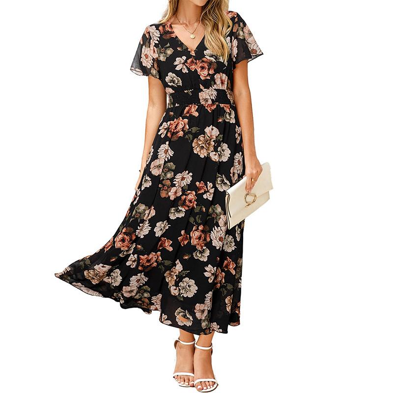 European and American Women's Clothing Summer New Short-sleeved Printed Chiffon Dress Waist Elegant Long Dress