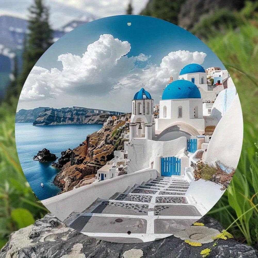 Metal Wall Art Santorini Round Home Decor Poster Gift