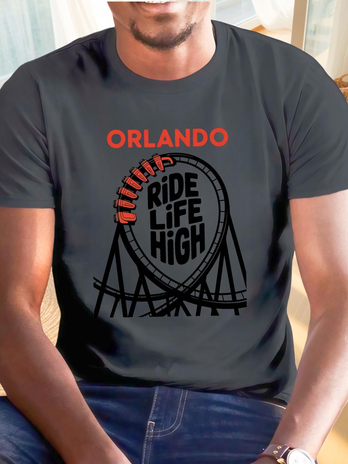 Men Orlando Roller Coaster Print T-Shirt - Thrill Seeker Amusement Park Tee with Roller Coaster Track & Loop XXL